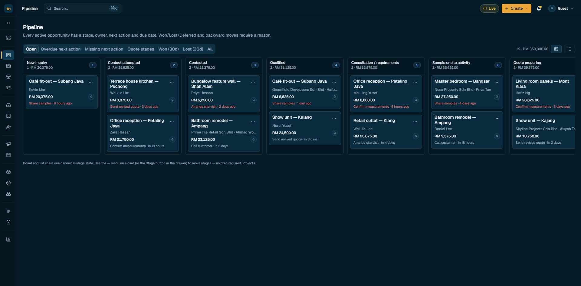 Tile Concept sales pipeline with stages, owners and next actions